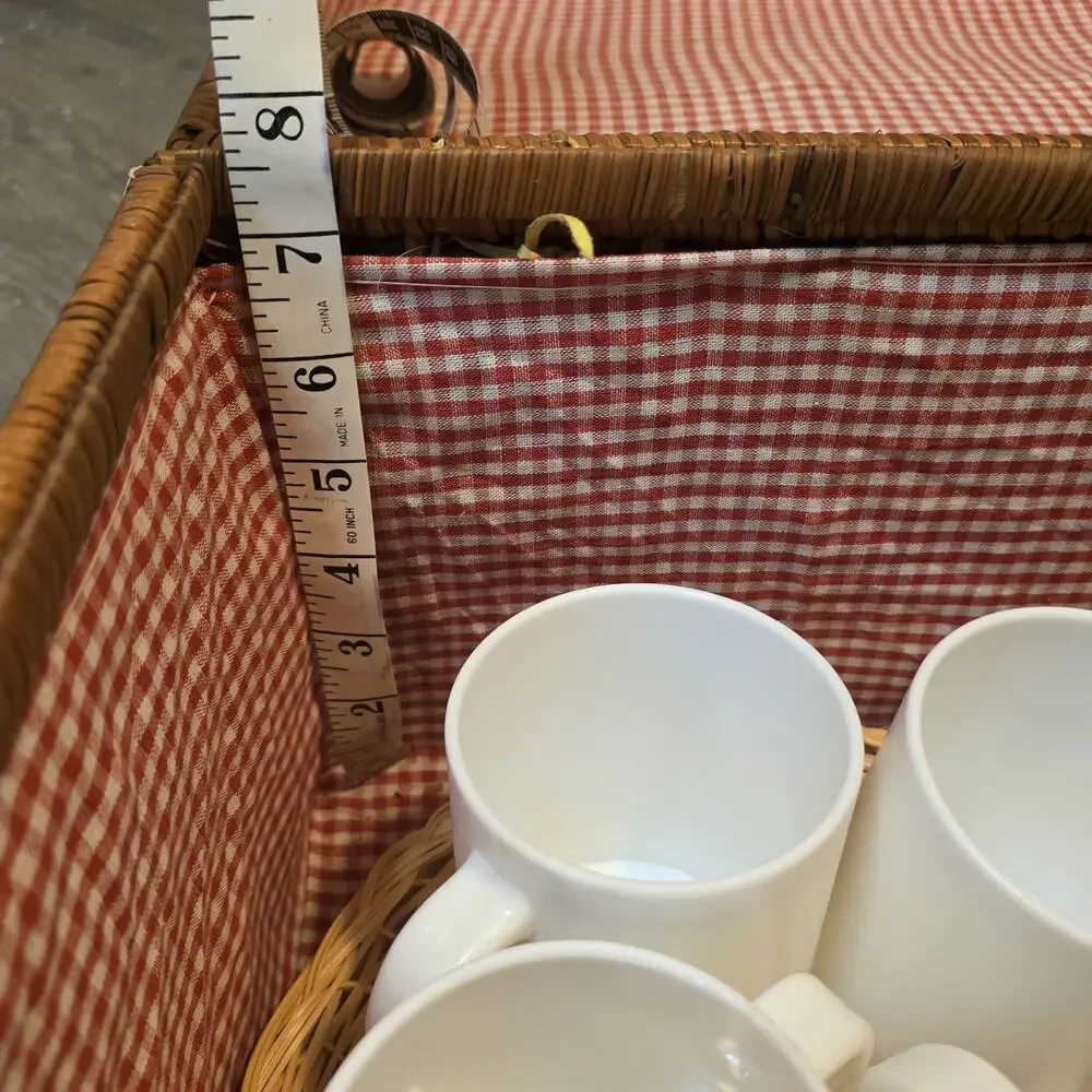 Vintage Wicker Picnic Basket w Lid Handles Red Gingham Liner 2 Woven Plates 12
